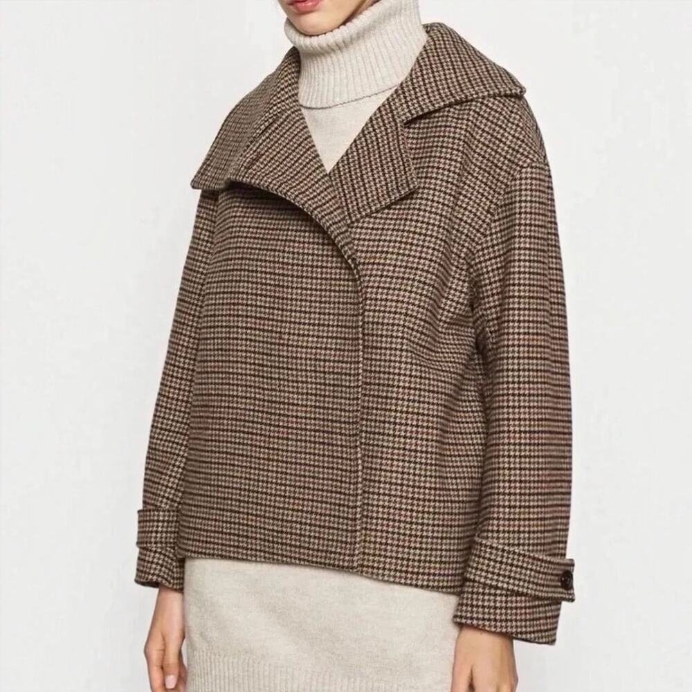 ARKET Checkered Houndstooth Wool Blend Oversized Funnel Neck Jacket 42